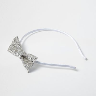 Girls silver diamant&#233; bow hairband